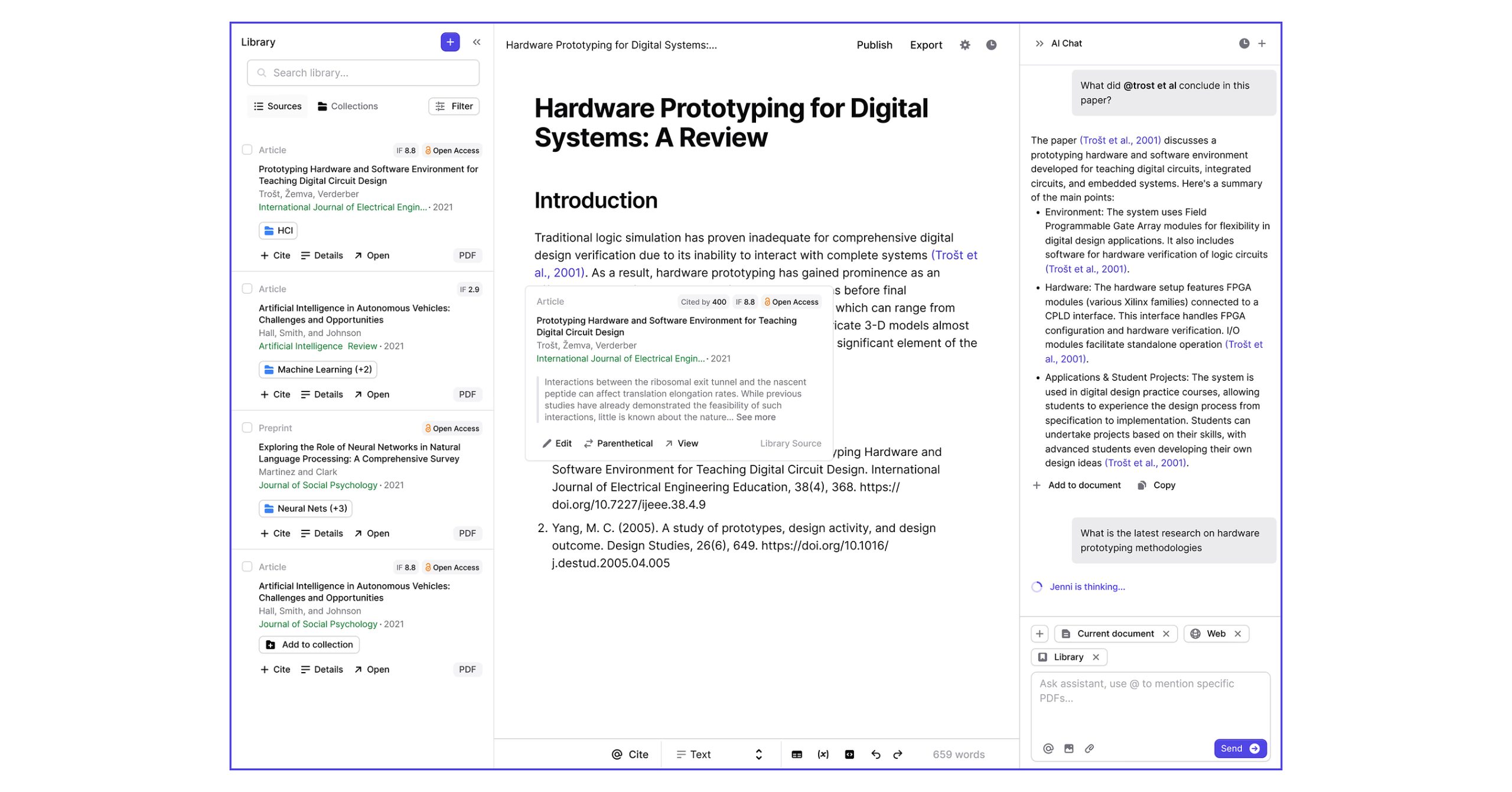 Jenni AI research and writing interface showing a library of sources, a draft review paper and an AI chat panel
